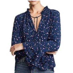 CLEOBELLA WOMENS TIE NECK LOOSE PEASANT BLOUSE NAVY BLUE LONG SLEEVE PINK FLORAL